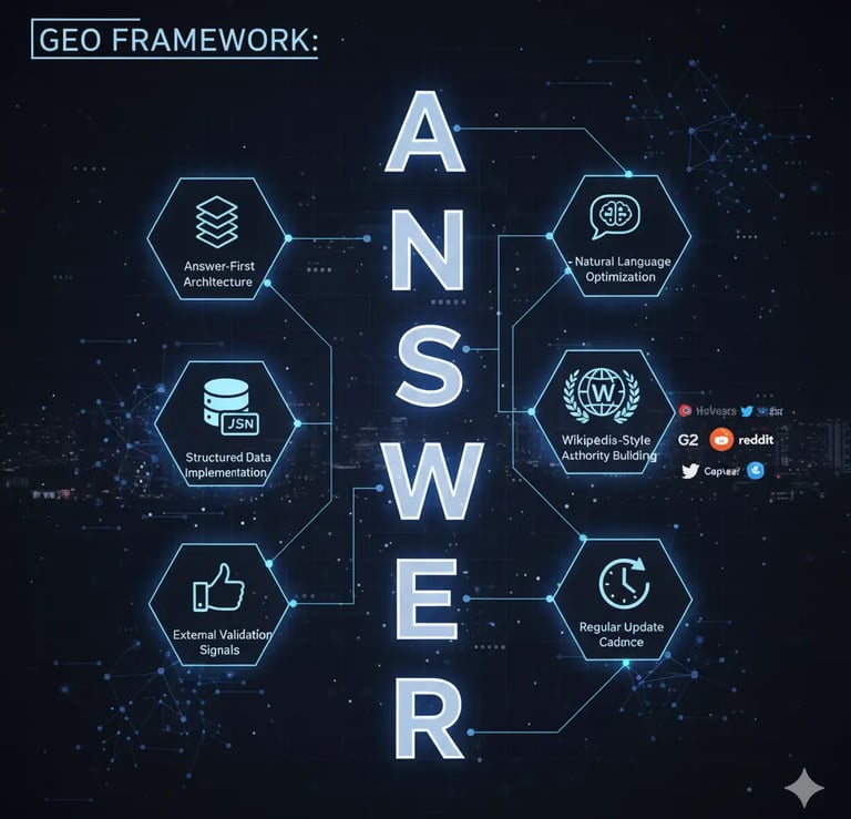Diagram of the "ANSWER" framework for Generative Engine Optimization (GEO) to get cited by AI.