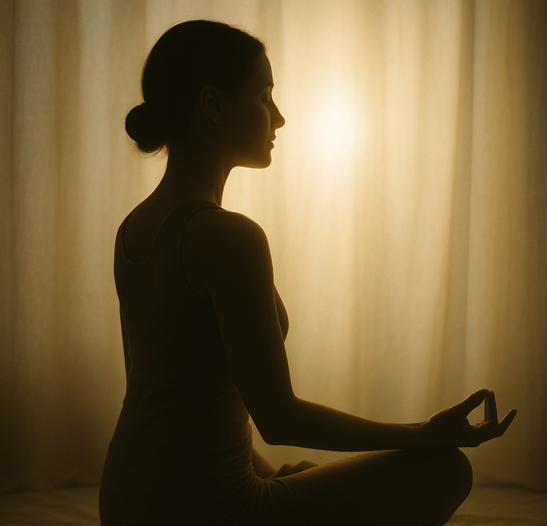 Une silhouette méditant dans un halo de lumière