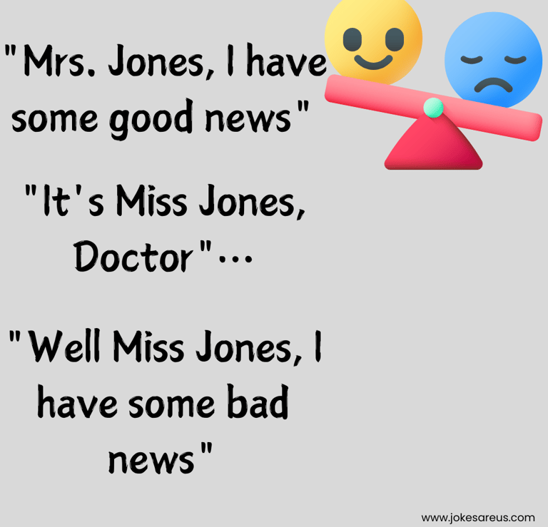 "Mrs. Jones, I have some good news" "It's miss Jones Doctor". "Well Miss Jones, I have some bad news