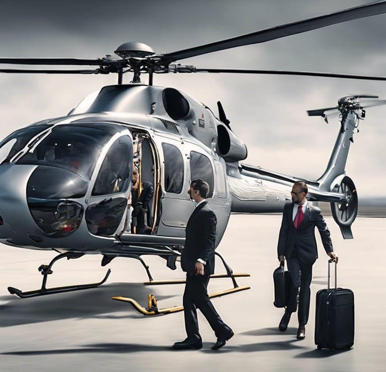 a man and woman standing in front of a helicopter