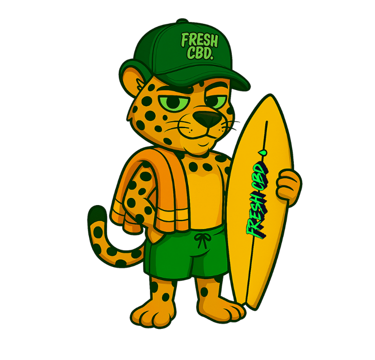 Ilustración de mascota Fresh CBD con gorra y tabla de surf