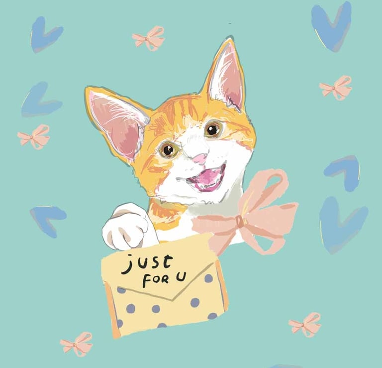 a cat with a bow tie and a card saying just for you