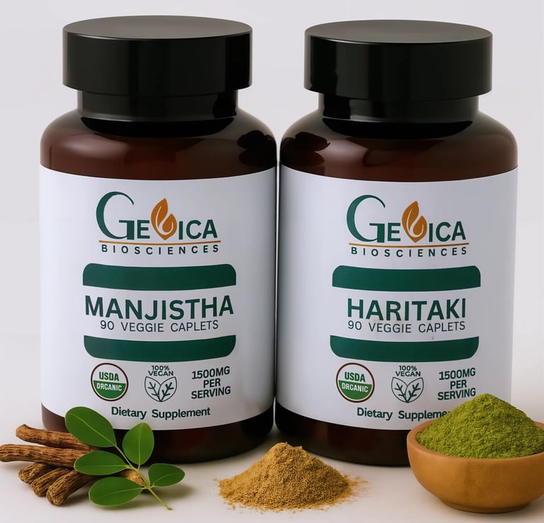 GeVica Manjistha and Haritaki bottles arranged with raw herbs, roots, leaves, and herbal powders.