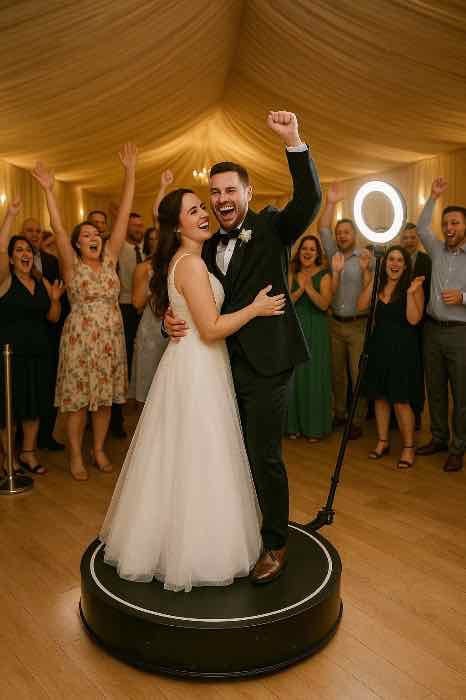 Guests dancing on 360 photo booth rental Bakersfield at wedding reception