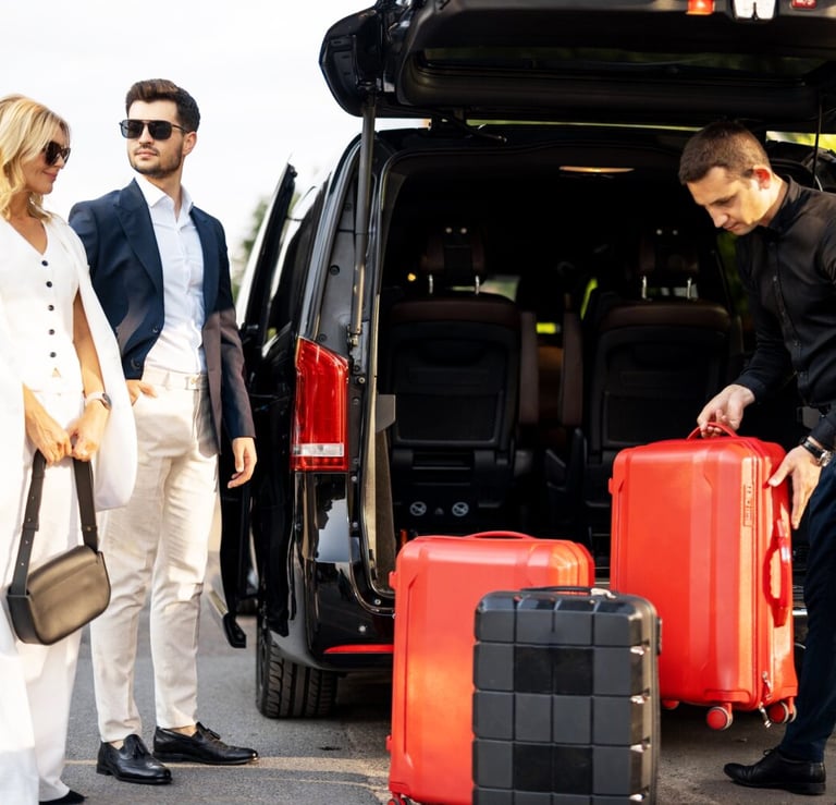 Sri Lankan driver loading luggage into a private tour car for two tourists during a Colombo Airport 