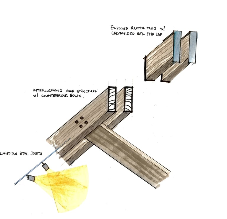 A detail sketch of a custom wood structure with integrated track lighting