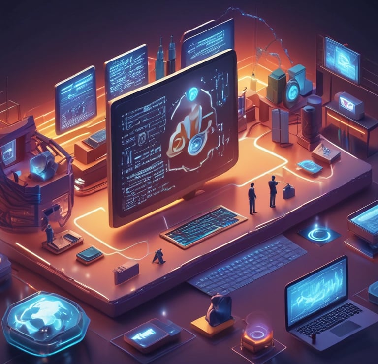 Futuristic digital workspace with holographic data screens, illuminated computer hardware, and neon cybersecurity interface.