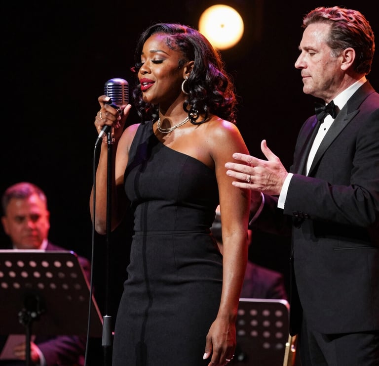 Elegant female singer in a black dress performing with a vintage microphone under stage lights.