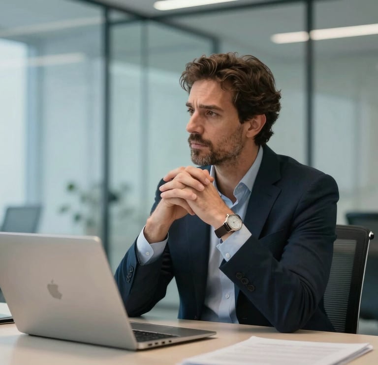 A professional Southern European consultant in a modern, glass-walled office, engaged in strategic thinking. The environment is minimalist and elegant with subtle blue and off-white tones.