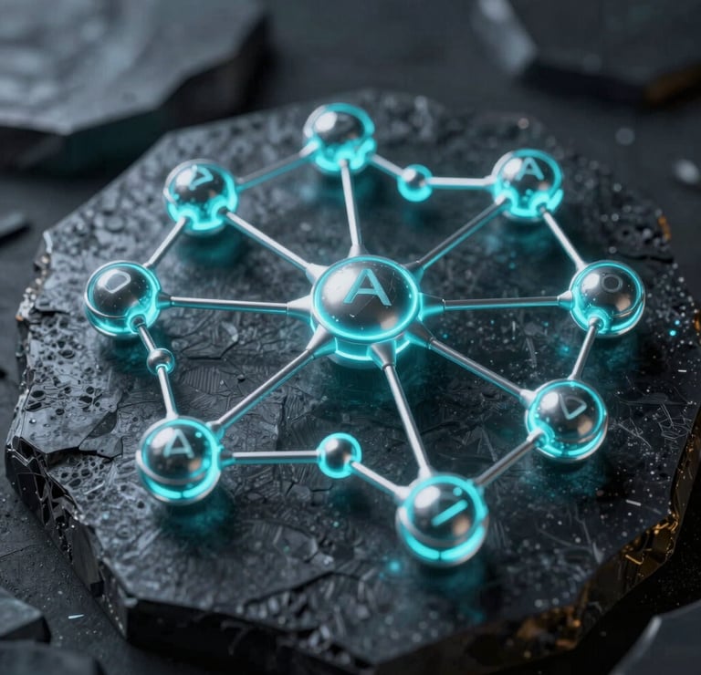A close-up orthographic 3D rendering of interconnected cryptographic nodes glowing with sharp electric cyan highlights on an obsidian background.