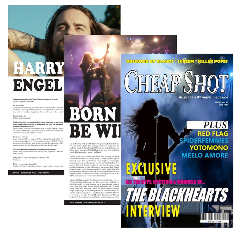 A magazine cover and two interior pages of a rock 'n' roll music magazine