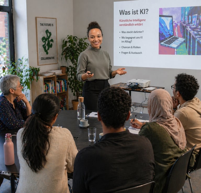 A group of adults attending a presentation on artificial intelligence