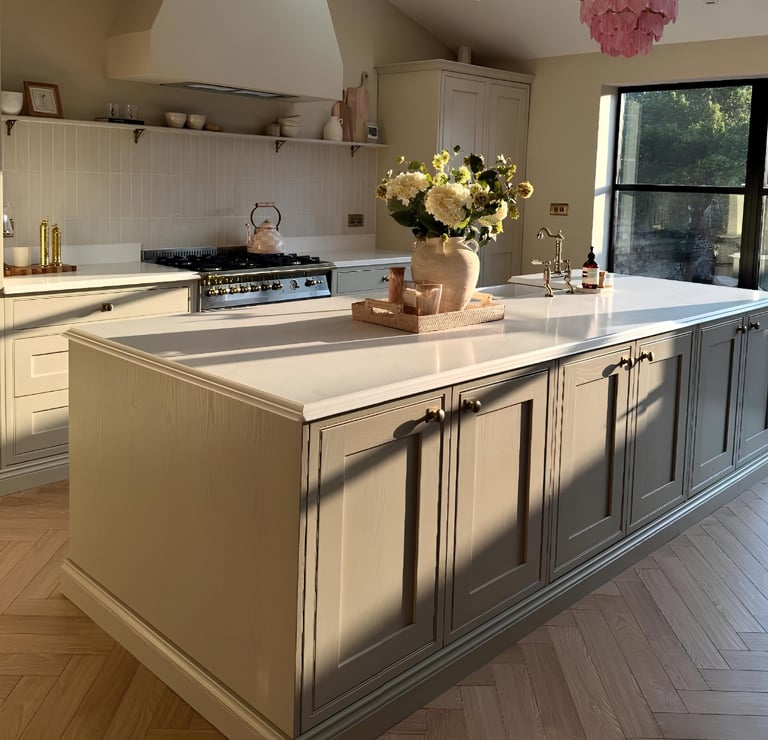 White quartz kitchen island worktop style suitable for modern Darras Hall homes