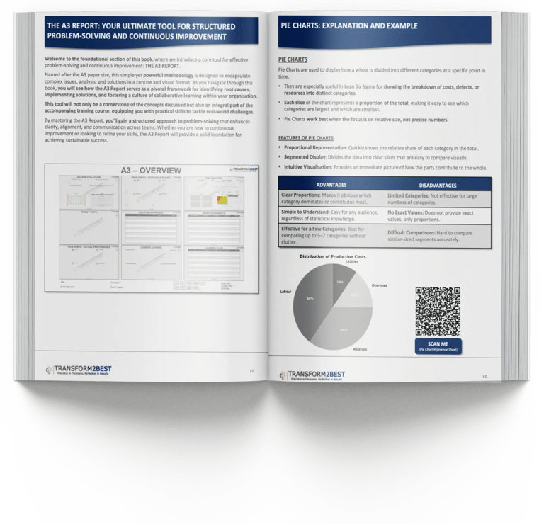 Business training manual pages explaining A3 reports and pie charts for Lean Six Sigma problem-solving.