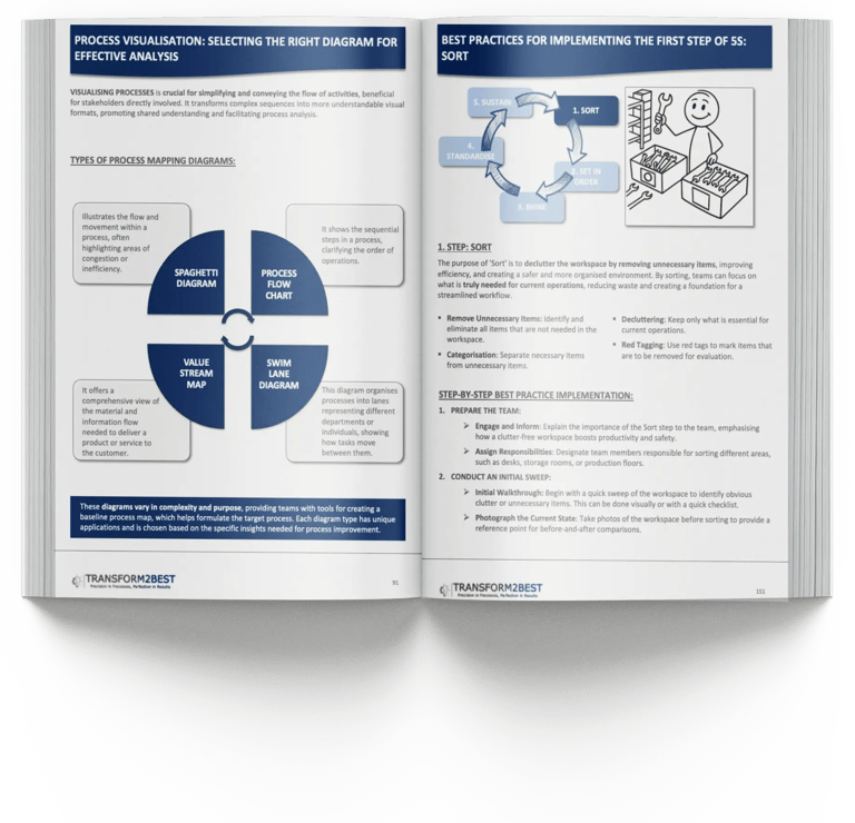 A business process improvement manual showing 5S sort principles and process mapping diagram types.