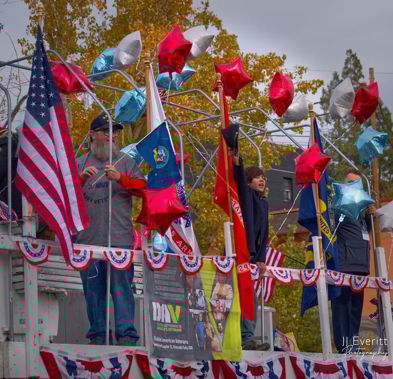 a group of people standing on a float boat