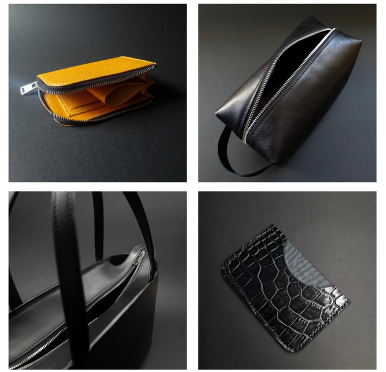 A yellow l-shape wallet, black dopp kit bag, tote bage and a croco print leather card holder