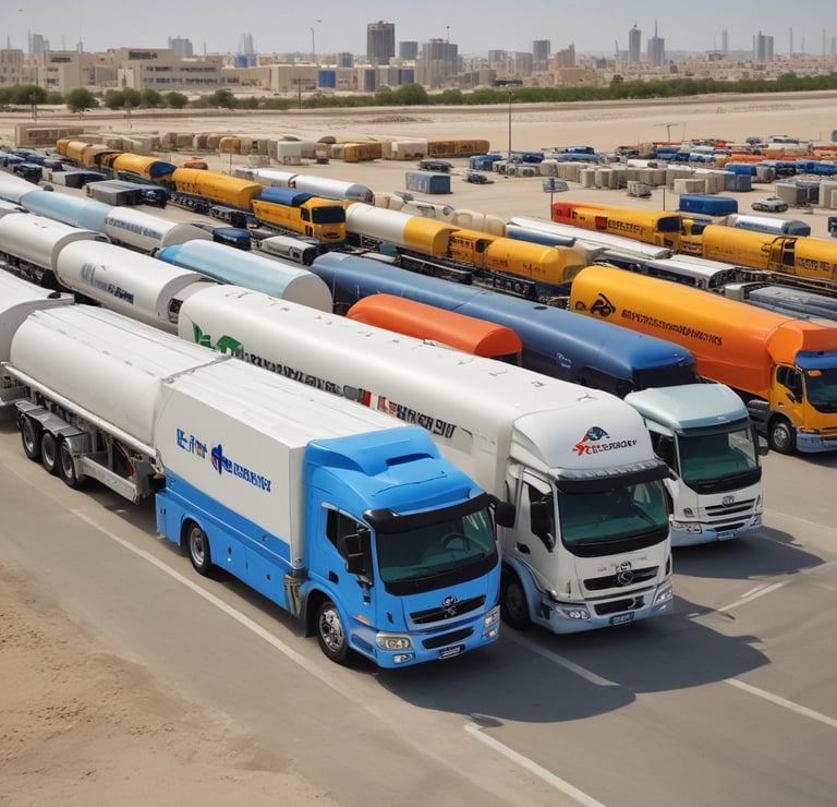 Oil and water tankers lined up ready for deployment in the Abu Dhabi region.