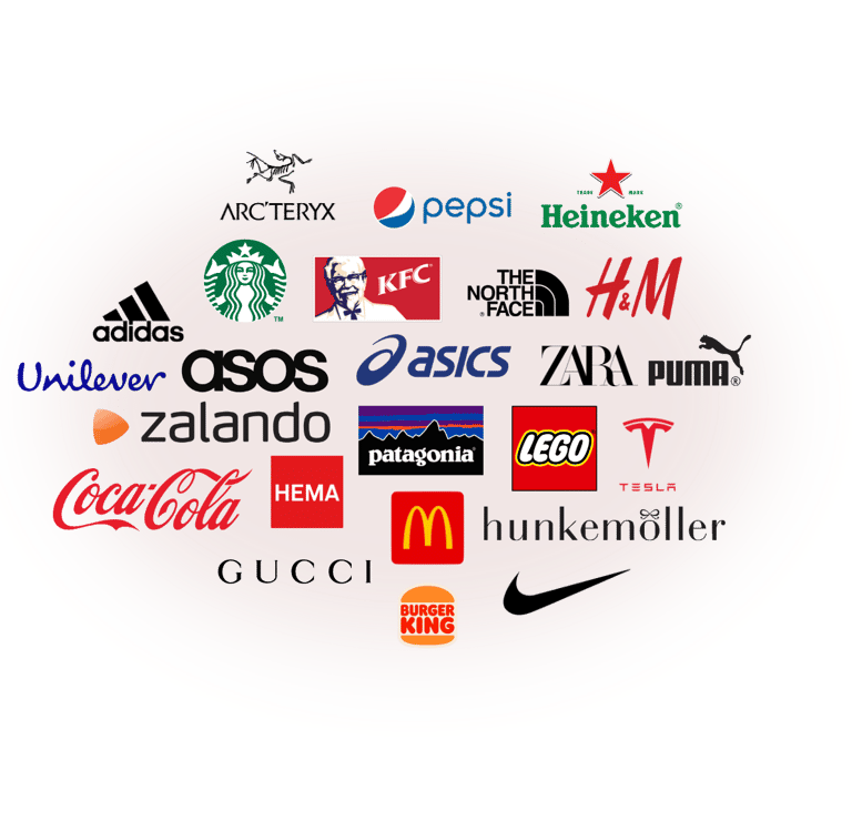 A collection of famous global brand logos including Nike, Coca-Cola, Starbucks, and Adidas.