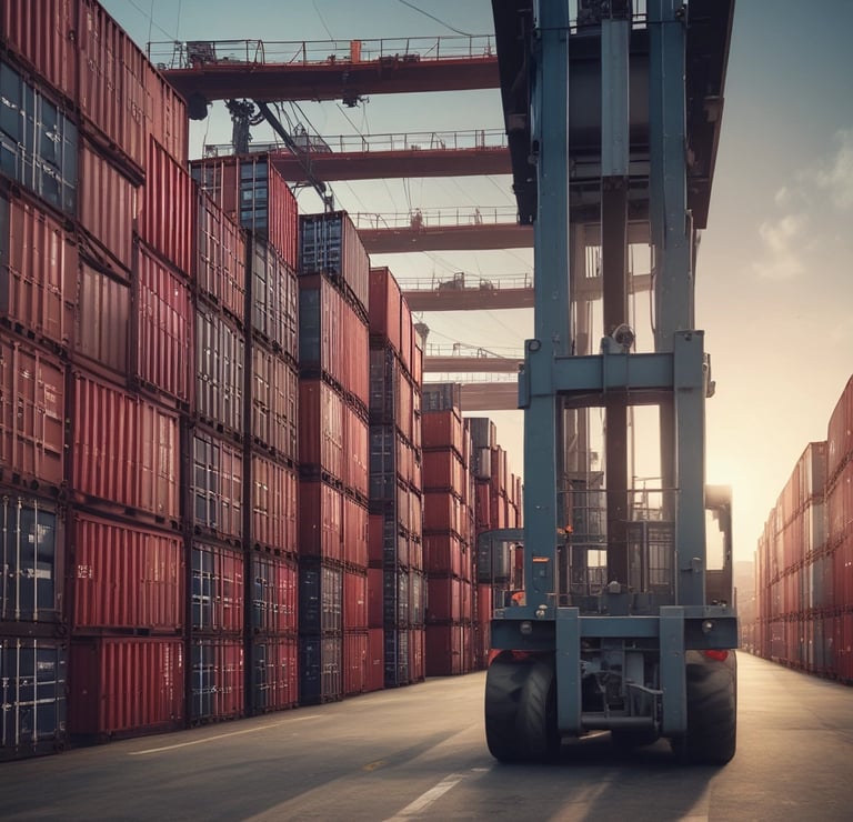 A professional team discussing trade documents in a bright office setting.