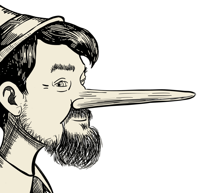 Bearded man with a Pinocchio nose — signature illustration of author Rik Vernante