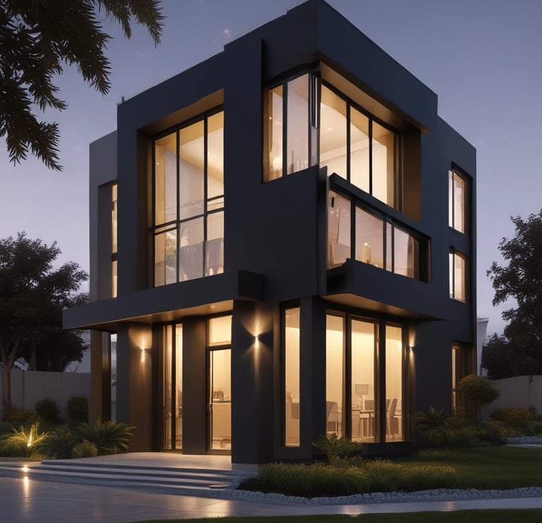 Elegant modern office space with dark tones and gold accents reflecting luxury real estate services.