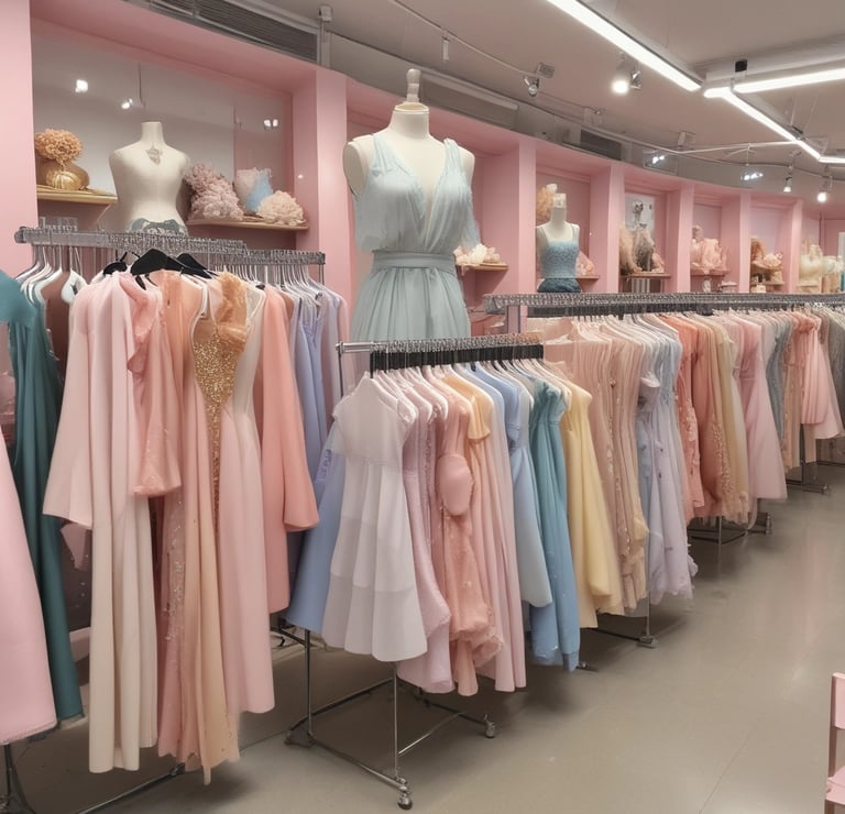 Elegant partywear dresses in soft pink and beige tones displayed on mannequins beside a vintage vanity mirror.