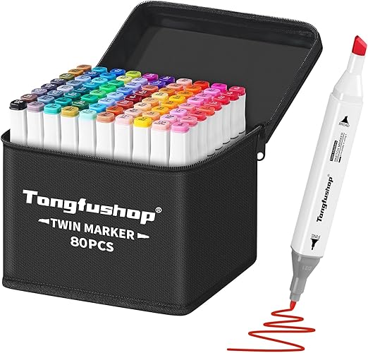 Tongfushop 80-piece twin marker set with dual tips for art, drawing, and crafting, offering vibrant colors.