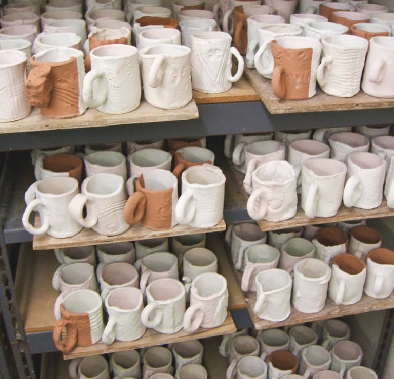 Shelves full of glazed slab mugs waiting to be fired.