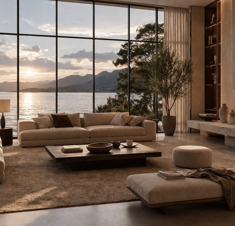 Modern luxury living room with fireplace and sea view.