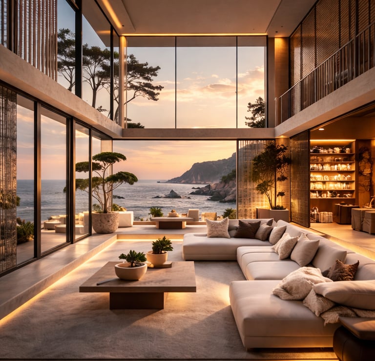Modern luxury living room with panoramic sea view