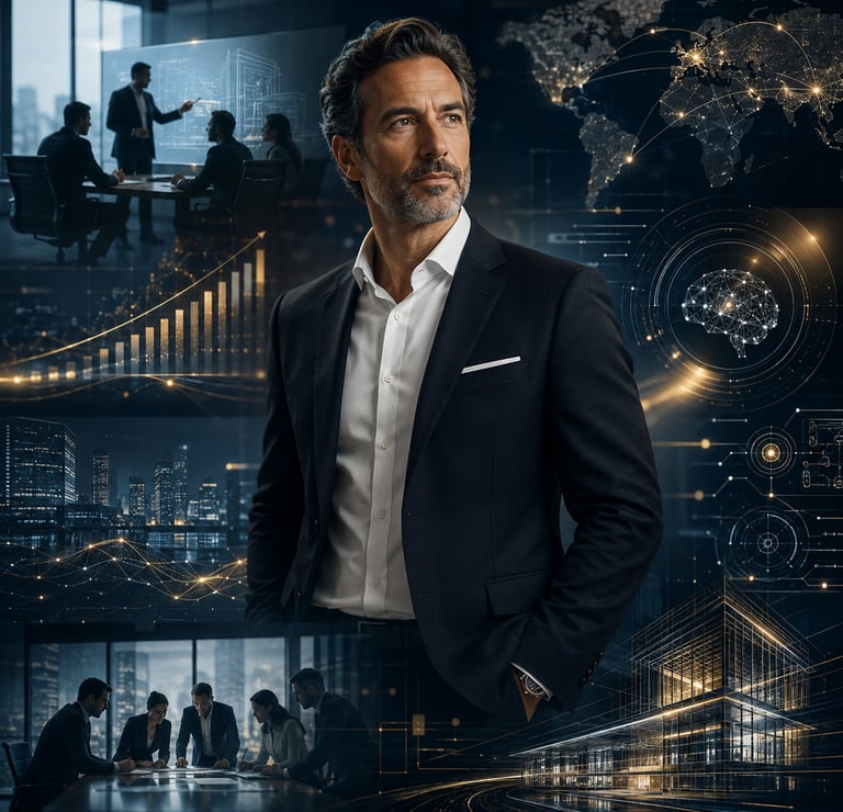 A visionary businessman surrounded by digital data overlays of global analytics and AI technology.