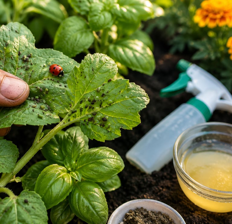 Common garden pests on vegetable plants and natural pest control methods including ladybugs and orga