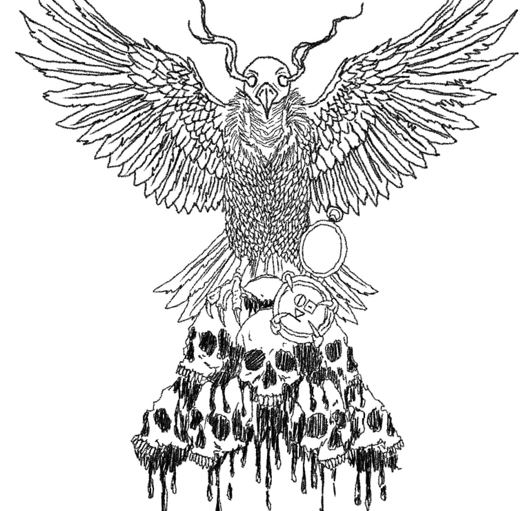 A gothic line art illustration of a horned raven perched on a pile of dripping human skulls.