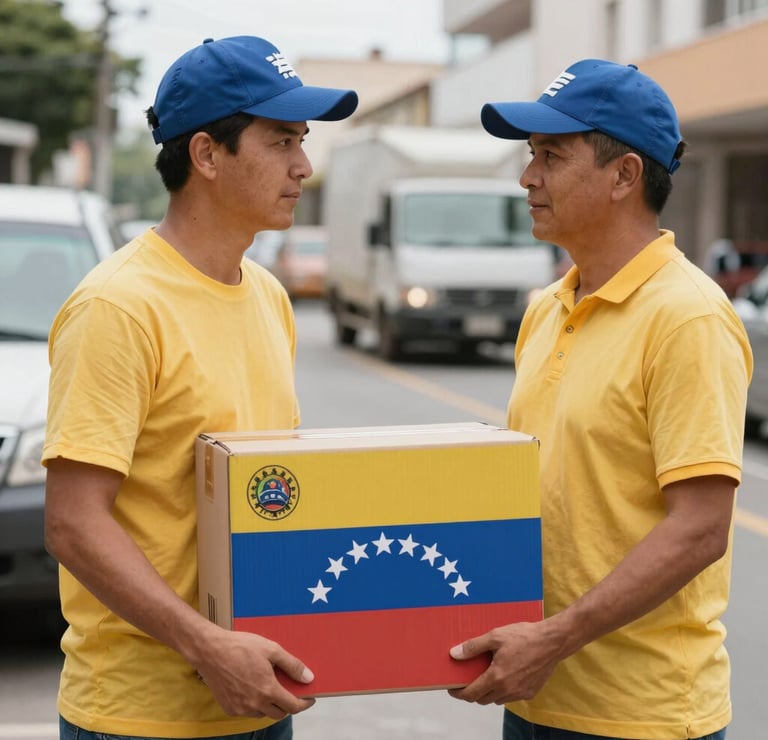 A smiling delivery person handing a package to a happy family at their doorstep.