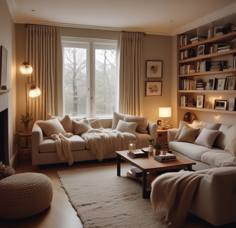 A cozy, minimalist bedroom featuring neutral tones and clean lines.
