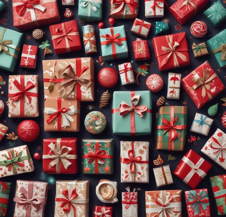 a bunch of christmas presents are on a table