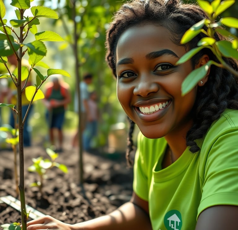 une femme souriante tenant une plante dans un jardin