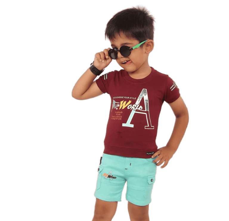 a young boy in a red shirt and sunglasses