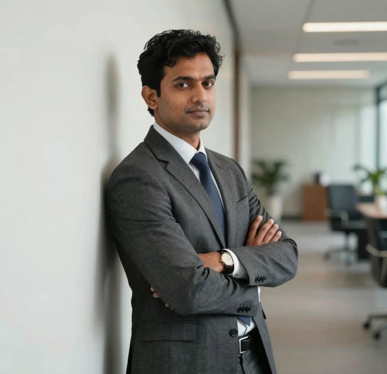 A confident South Asian chartered accountant leaning against a clean white wall in a modern office lobby, looking professional and approachable, soft natural lighting.