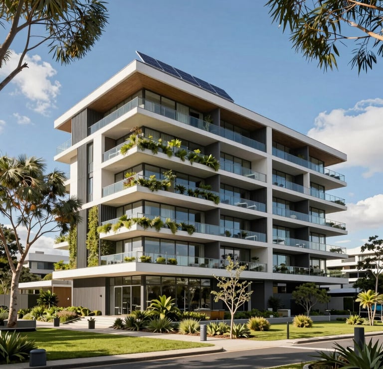 A sleek new apartment building with balconies overlooking a green park.