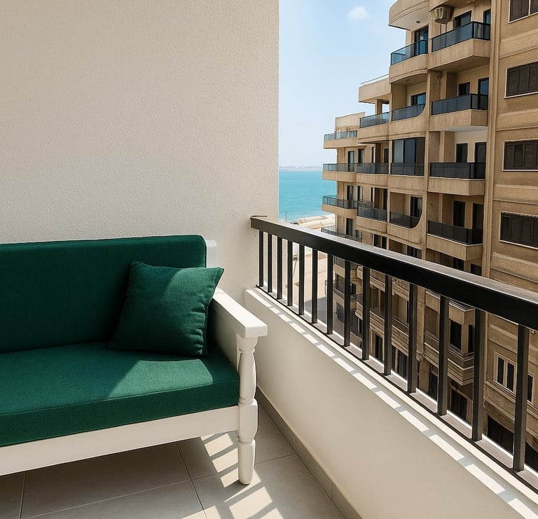 Modern balcony with a green outdoor sofa and ocean view from a high-rise apartment.