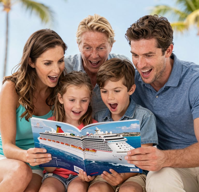A cheerful family enjoying the deck of a cruise ship with turquoise Caribbean waters in the background.