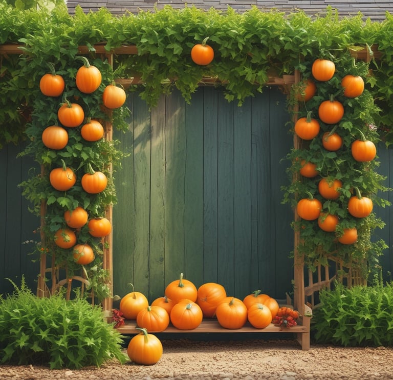 pumpkins growing on a trellis