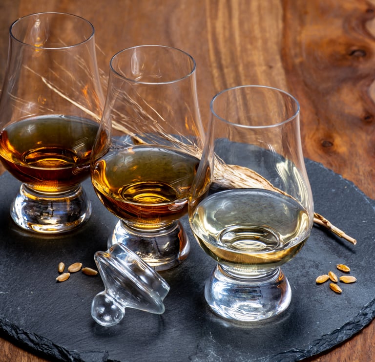 a table with glasses of whisky on a black slate with barley grains