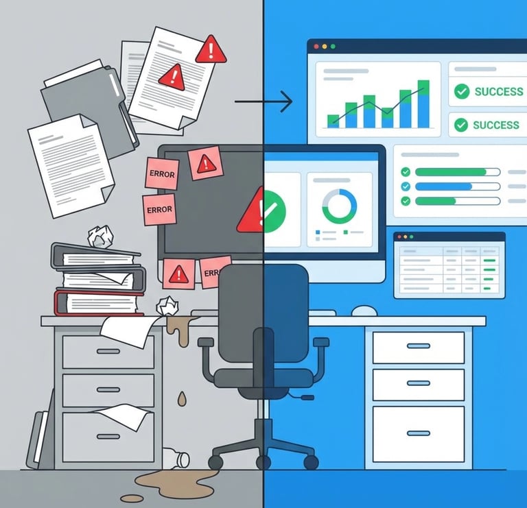 Split-screen comparison showing disorganized paperwork versus digital compliance dashboard highlight