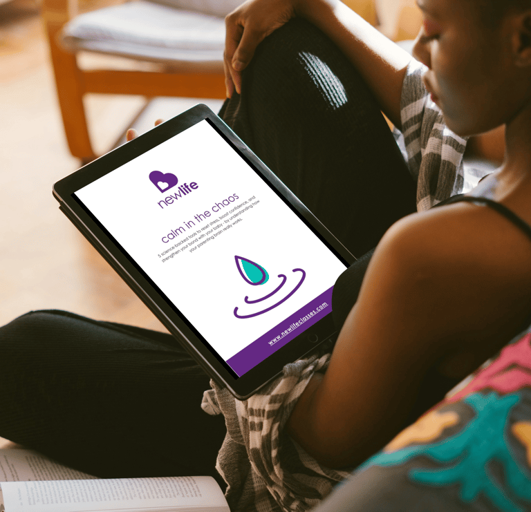 a woman sitting on a couch with a tablet reading 'calm in the chaos'