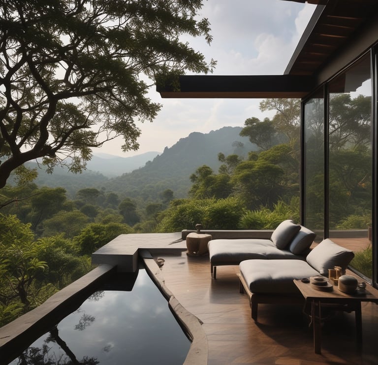 A winding road cuts through lush, rolling hills covered in tea plantations. The landscape is dotted with trees and surrounded by a clear, expansive sky. The scene is serene and peaceful, with natural greenery dominating the view.