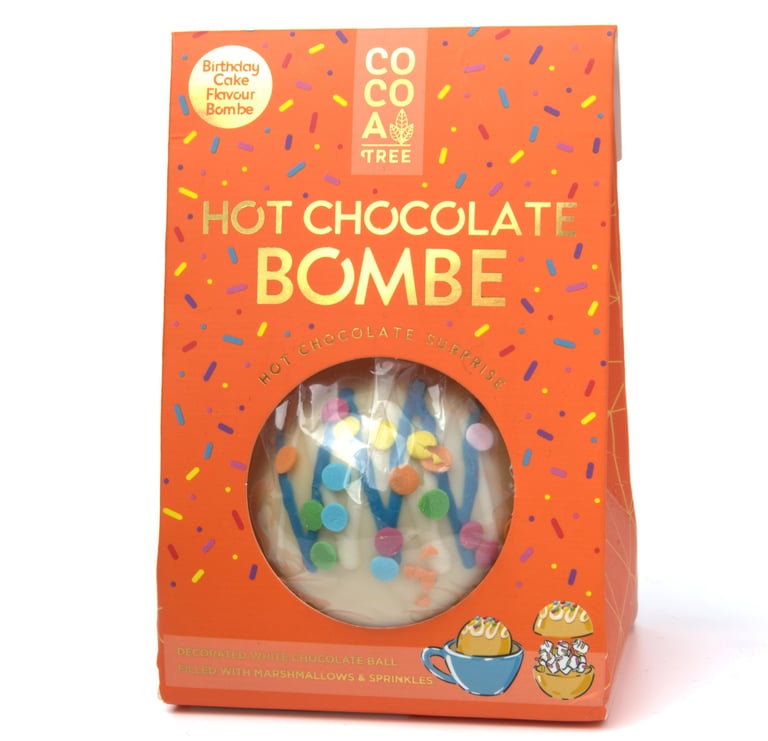 Packshot of a Hot Chocolate bomb on a white background