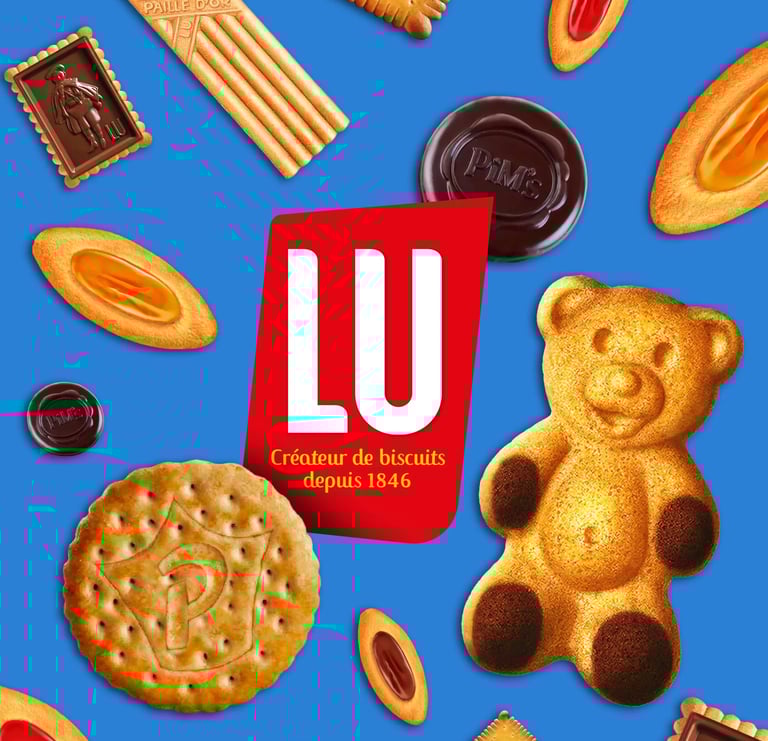 présentation packaging logo LU sur fond bleu